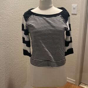 We The Free Black/Ivory Striped Lightweight Sweater EUC Sz M Cotton 3/4 Sleeve